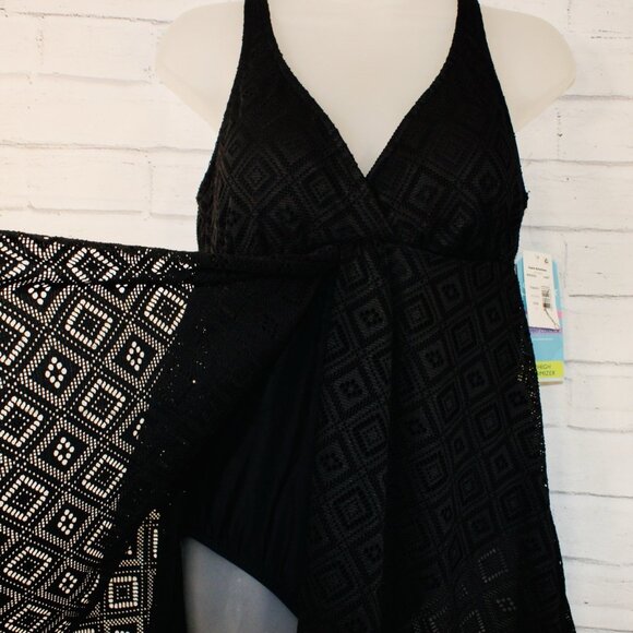 Swim Solutions Black Size 12 Crochet Flyaway Tummy-Control Swimdress NWT $109 - Picture 8 of 11